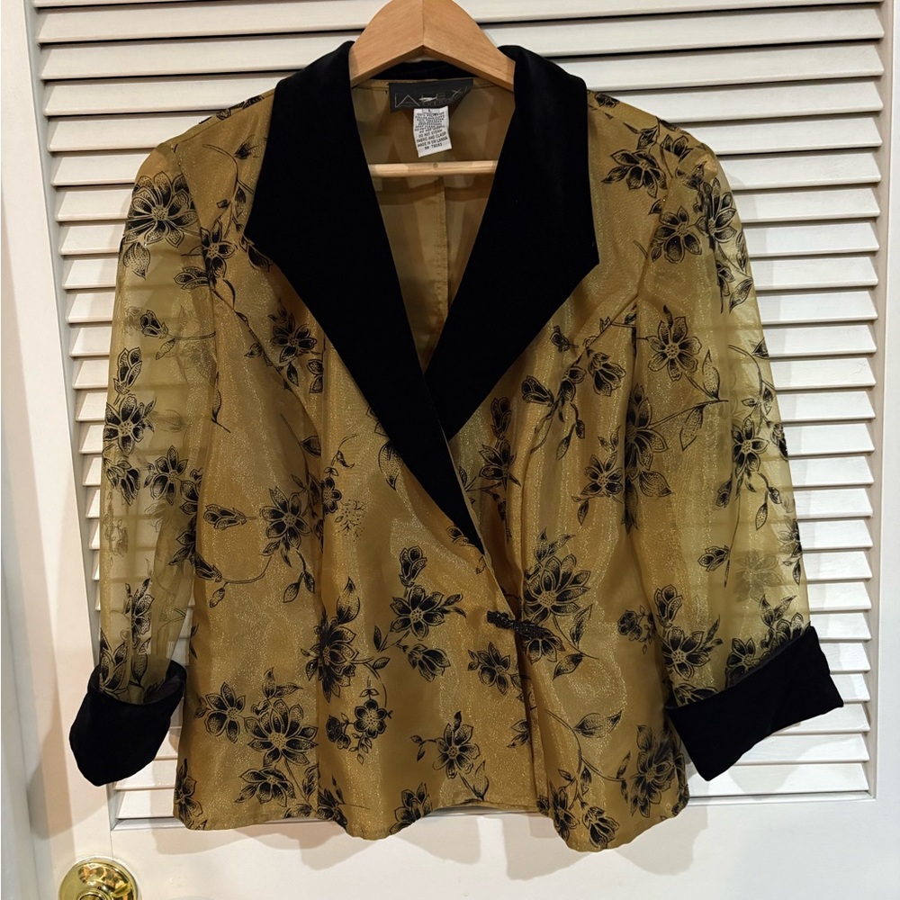 Gorgeous Gold with Black Flowers Evening Jacket with Black Velvet Trim